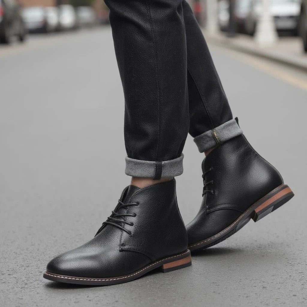 Full view of classic men's black chukka boots, durable design with a cushioned, comfortable grip sole.