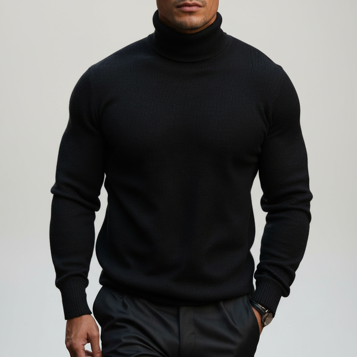 Men's classic cotton roll-neck jumper in navy blue, a timeless menswear knitwear piece