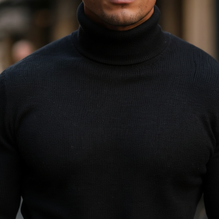 Close-up of the finely knitted texture of a men's premium cotton roll-neck jumper