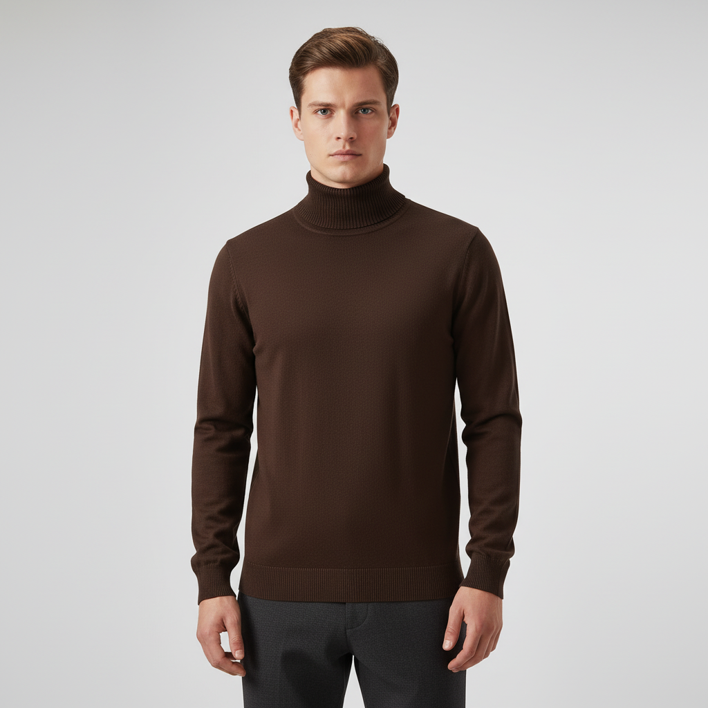 Full shot of a men's classic brown roll-neck jumper, an essential autumn knitwear item