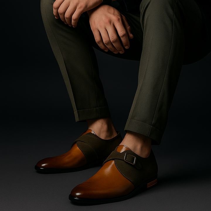 Sophisticated men's classic Derby dress shoes with a distinctive buckle, enhancing any formal or smart-casual outfit.