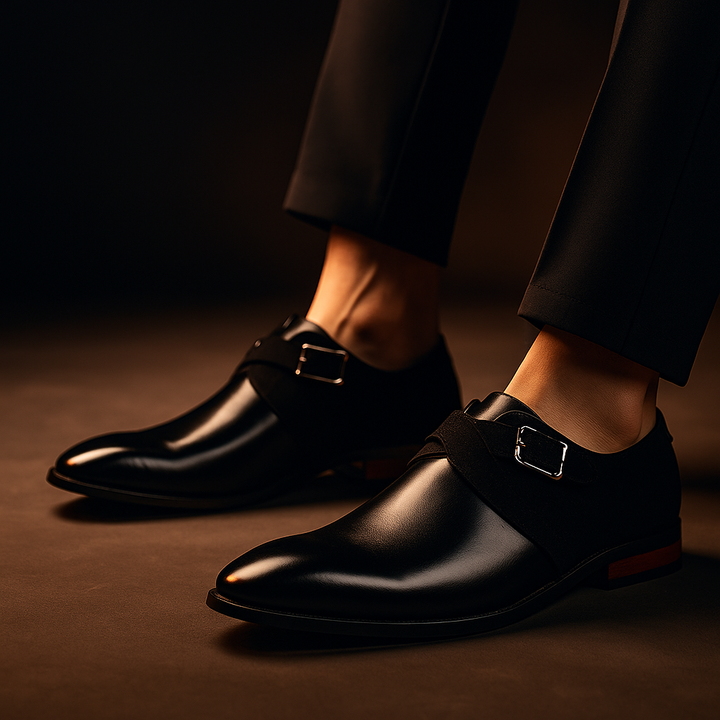 Men's classic Derby dress shoes. Elegant buckle design for a formal, comfortable, and stylish office footwear look.