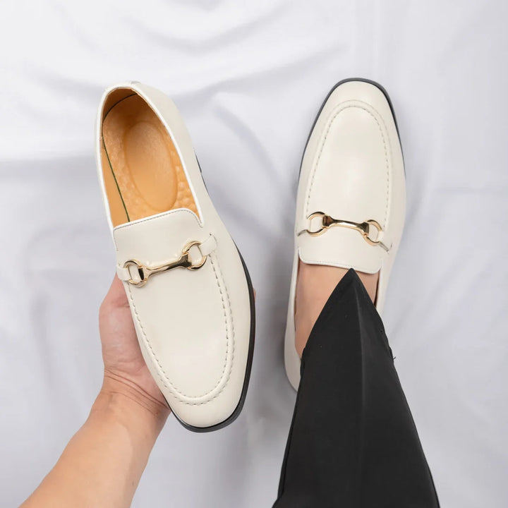 Modern classic men's dress loafers, black or ivory slip-on shoes for elegant & comfortable fashion.