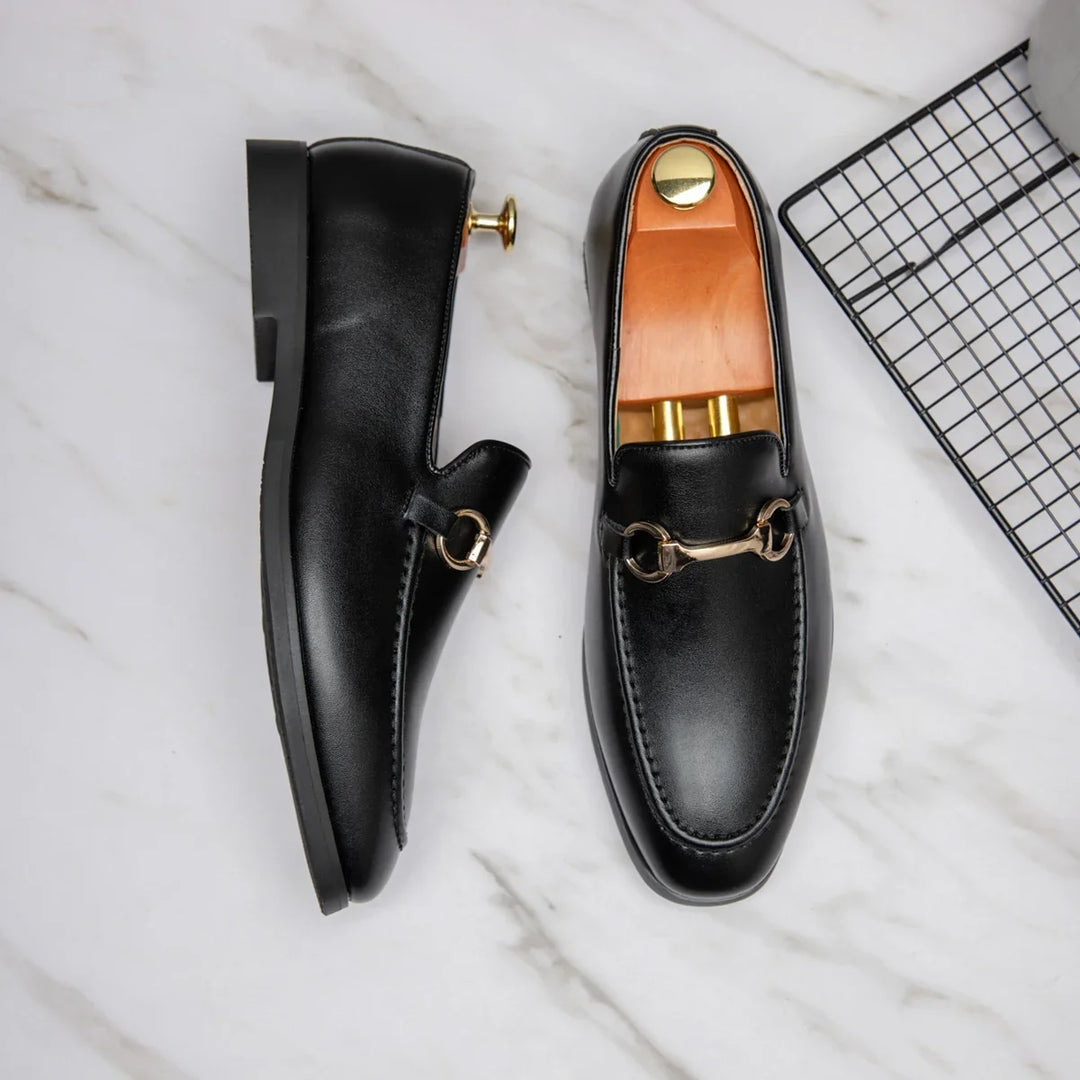 Professional black men's dress loafers, classic slip-on design for formal & business casual wear.