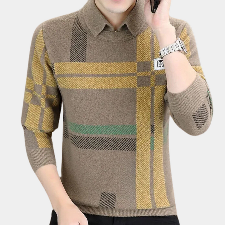 Khaki men's classic knit sweater, a versatile long-sleeve pullover for everyday comfort & men's fashion.