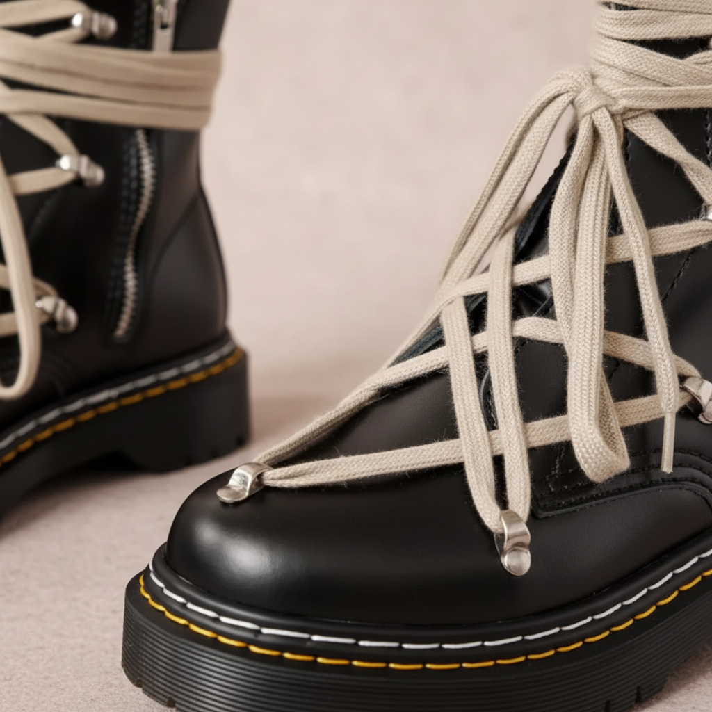 Detailed view of men's classic leather boots, highlighting durable construction and ankle height