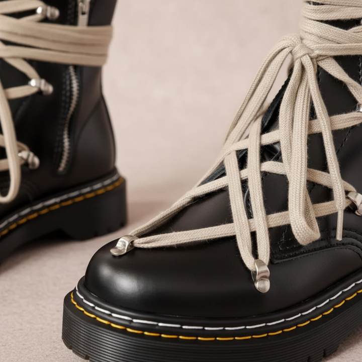 Detailed view of men's classic leather boots, highlighting durable construction and ankle height