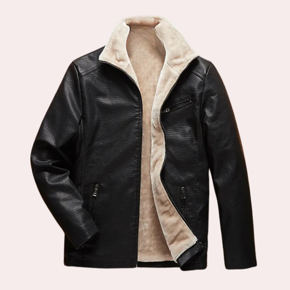 Men's classic black leather jacket. Timeless design, tailored fit & versatile for smart casual or everyday wear.