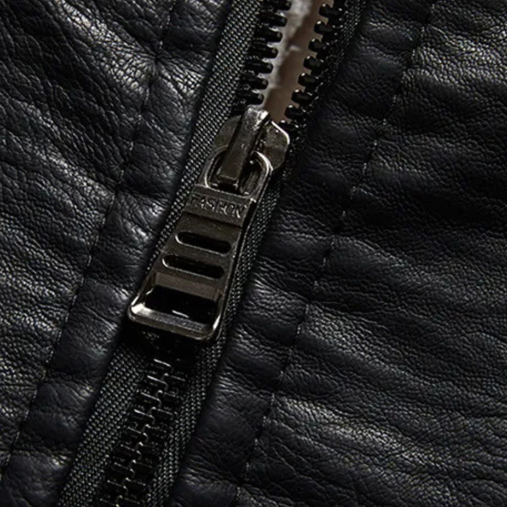 Classic black men's leather jacket. Timeless style, tailored for comfort & everyday versatile wear.