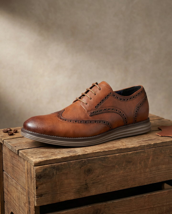 Brown leather lace-up Oxford brogue shoes for men, offering comfort and classic style for formal occasions.
