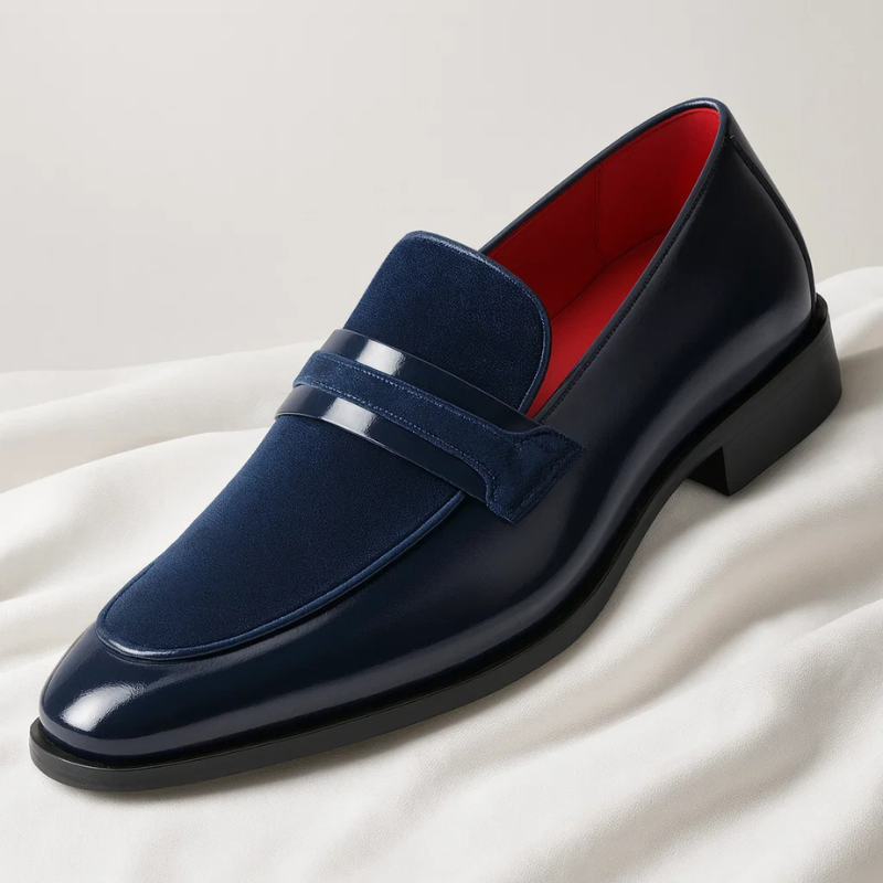Men's classic black leather penny loafers, comfortable slip-on footwear, stylish for smart casual & formal dress shoes.