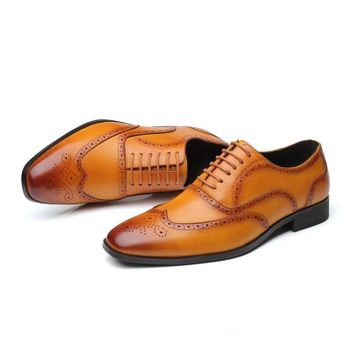 Men's comfortable tan leather Oxford brogue shoes, providing style and support all day.