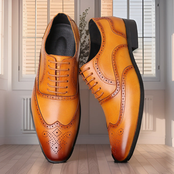 Men's formal tan Oxford brogue shoes with classic lace-up design & quality craftsmanship.