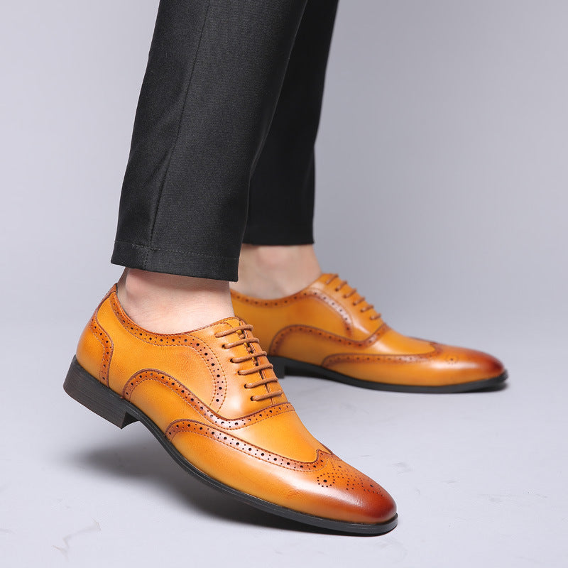Premium men's dark brown Oxford brogue dress shoes, featuring intricate detailing & comfort.