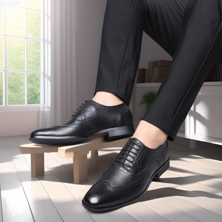 High-quality men's tan leather Oxford brogue dress shoes for a sharp, polished business look.