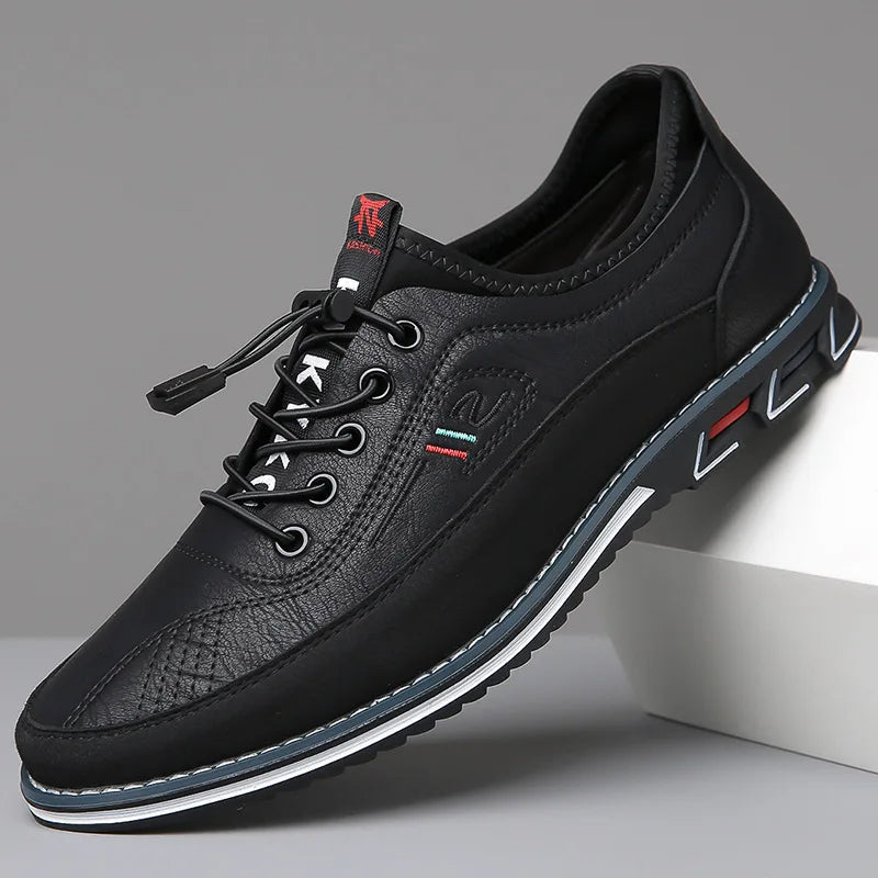 Close-up of a men's classic lace-up Oxford shoe, ideal for formal attire, business meetings, or professional office wear.
