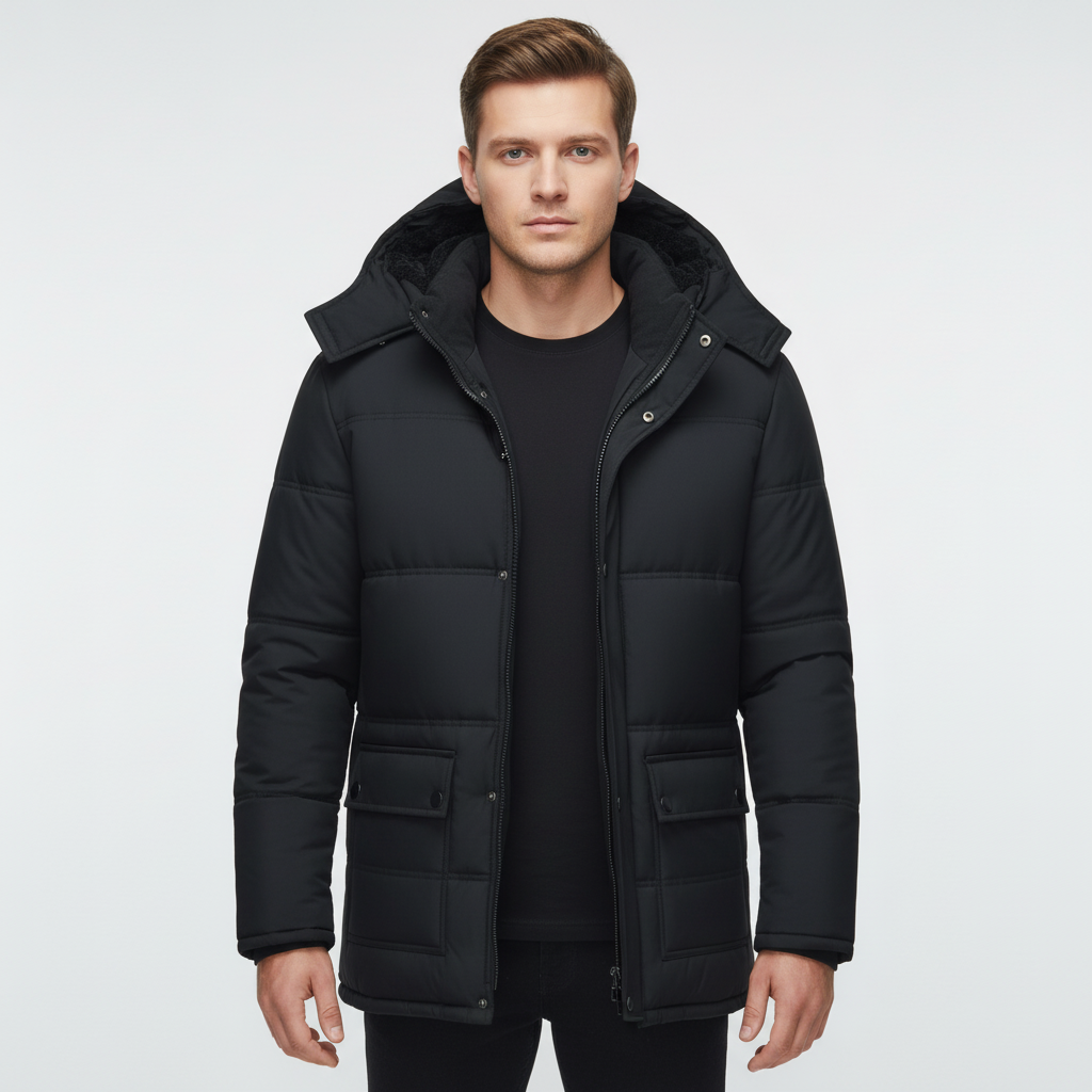 Warm insulated men's winter jacket in black, close-up of textured fabric and durable zipper