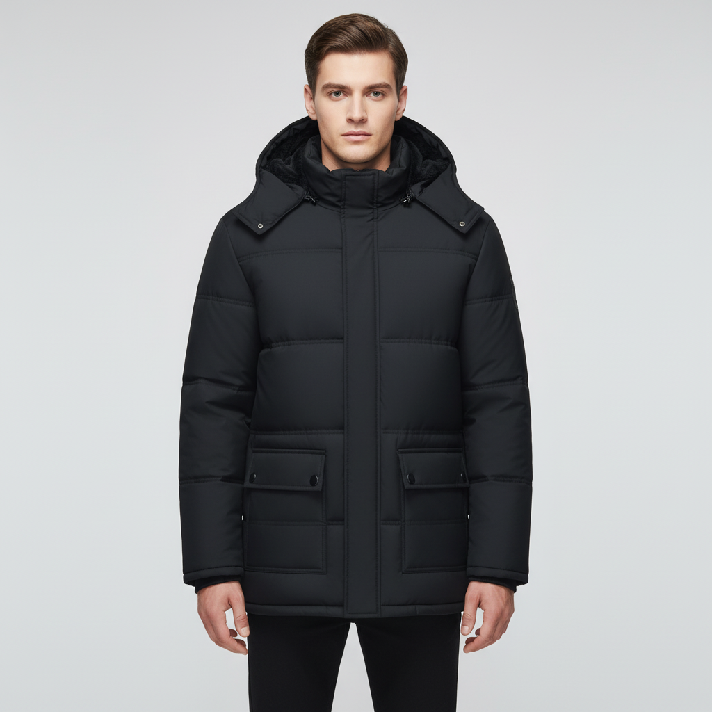 Padded men's black outerwear jacket, suitable for harsh winter conditions, side view