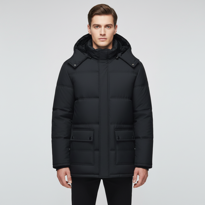 Padded men's black outerwear jacket, suitable for harsh winter conditions, side view