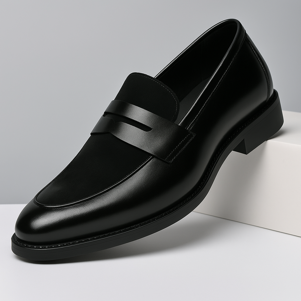 Close-up of men's sleek leather penny loafers, ideal classic footwear for business casual or formal events.
