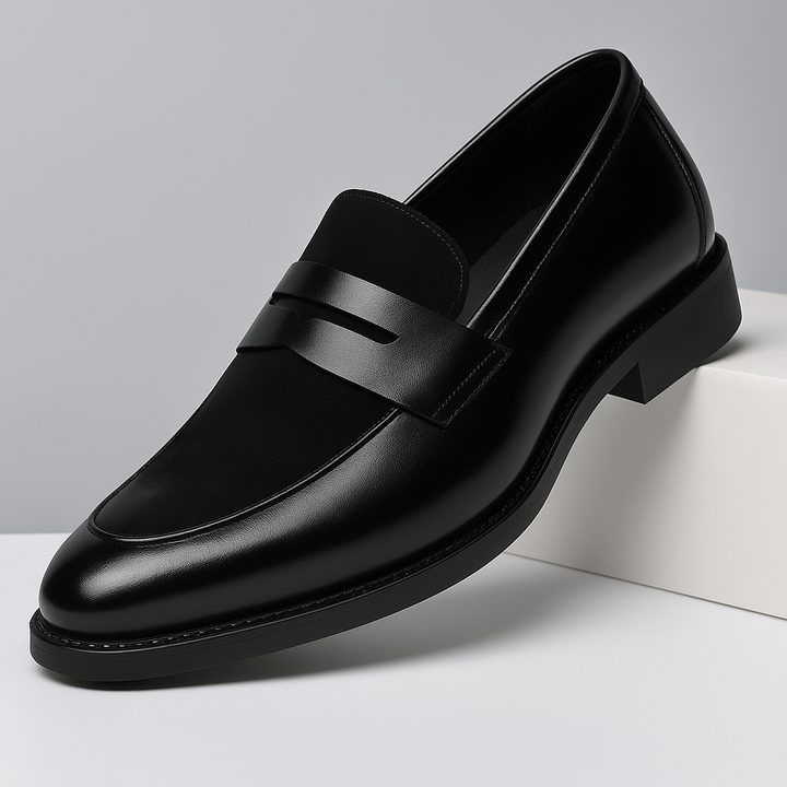 Close-up of men's sleek leather penny loafers, ideal classic footwear for business casual or formal events.