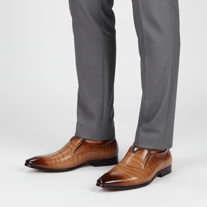 Ricardo men's classic brown PU leather dress shoes for all-season wear, a comfortable formal option.