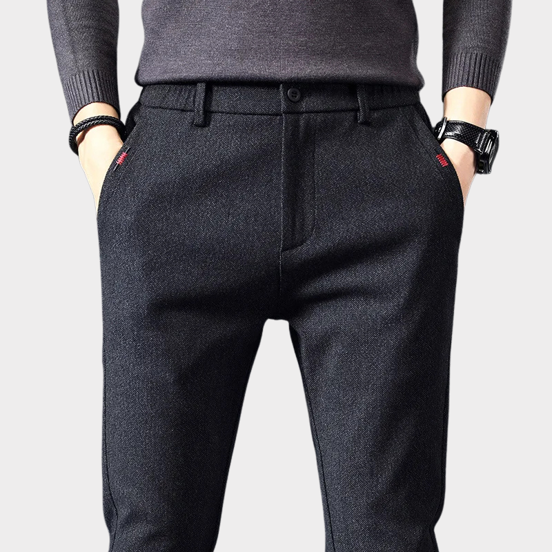 Navy blue slim fit men's pants, offering everyday comfort and a stylish look for any occasion.