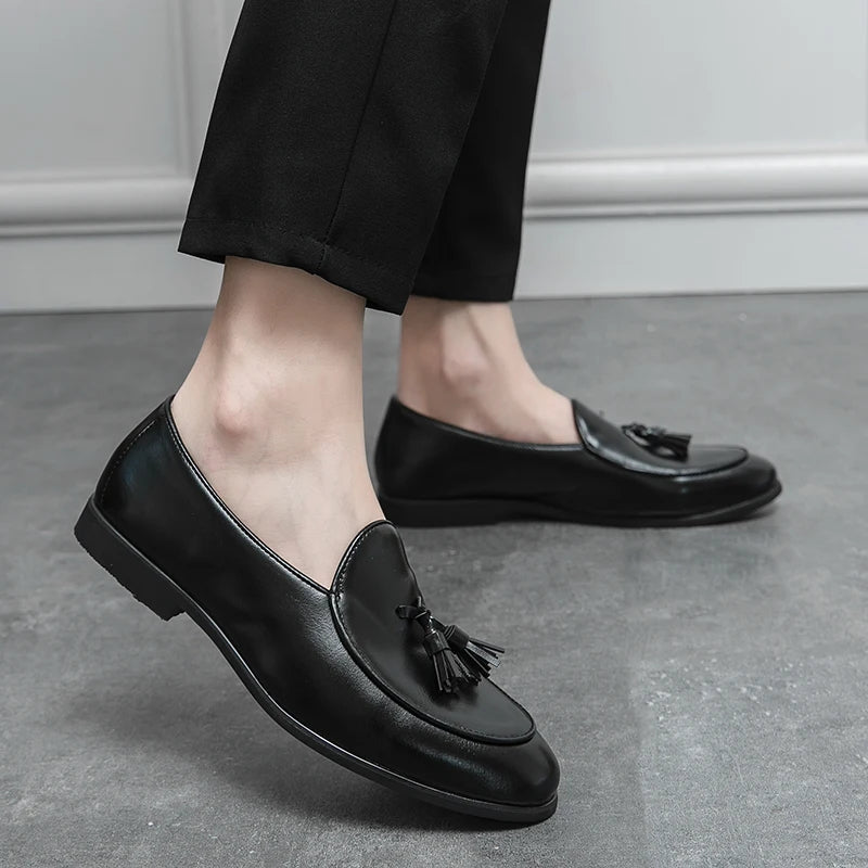 Formal men's tassel dress shoes. Elegant slip-on loafers for business meetings & special occasions.
