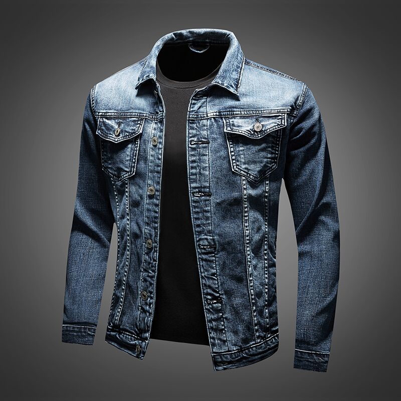 Men's classic blue denim jacket, Archer style. Durable cotton outerwear, perfect for timeless casual fashion.