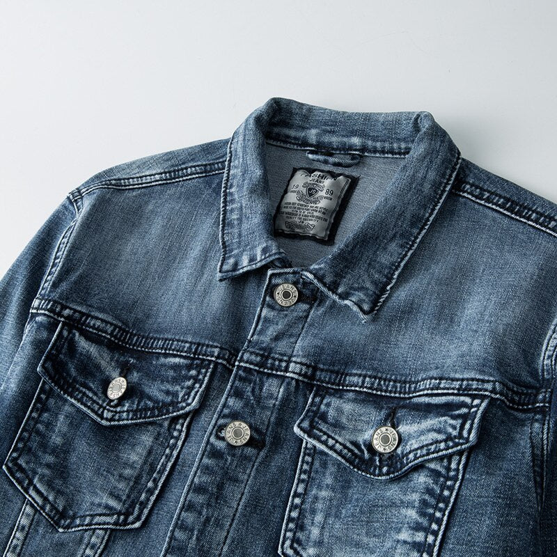 Archer Men's Classic Denim Jacket in blue. Stylish and comfortable outerwear for fall fashion and casual outings.