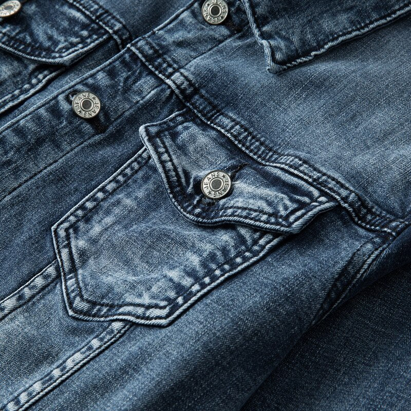 Front view of a men's classic blue denim jacket. Timeless Archer design, versatile for casual layers and fall outfits.