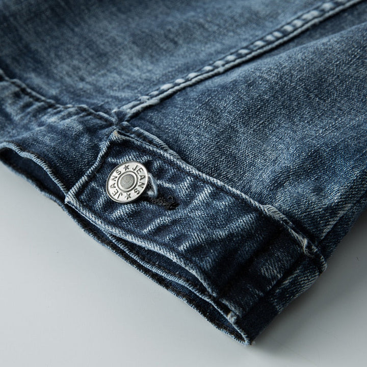 Stylish men's blue denim jacket, classic Archer fit. Essential casual outerwear, ideal for versatile fall fashion looks.
