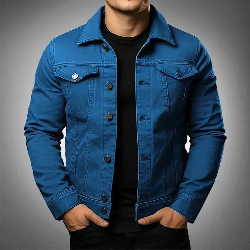 Close-up of men's denim jacket buttons & fabric texture, highlighting rugged quality & casual fashion.
