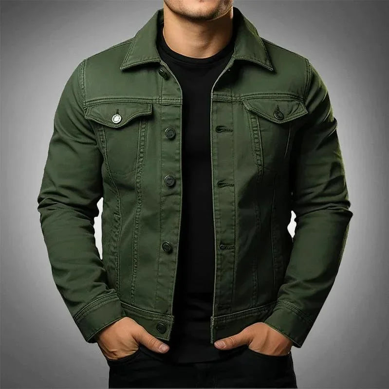Full view of a men's classic blue denim jacket, featuring button-front closure for a timeless, versatile look.