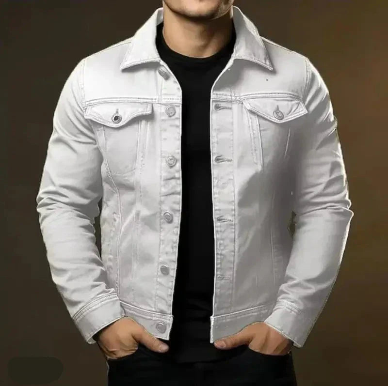 Back view of a men's classic denim jacket, showcasing its timeless design and versatile wearability.