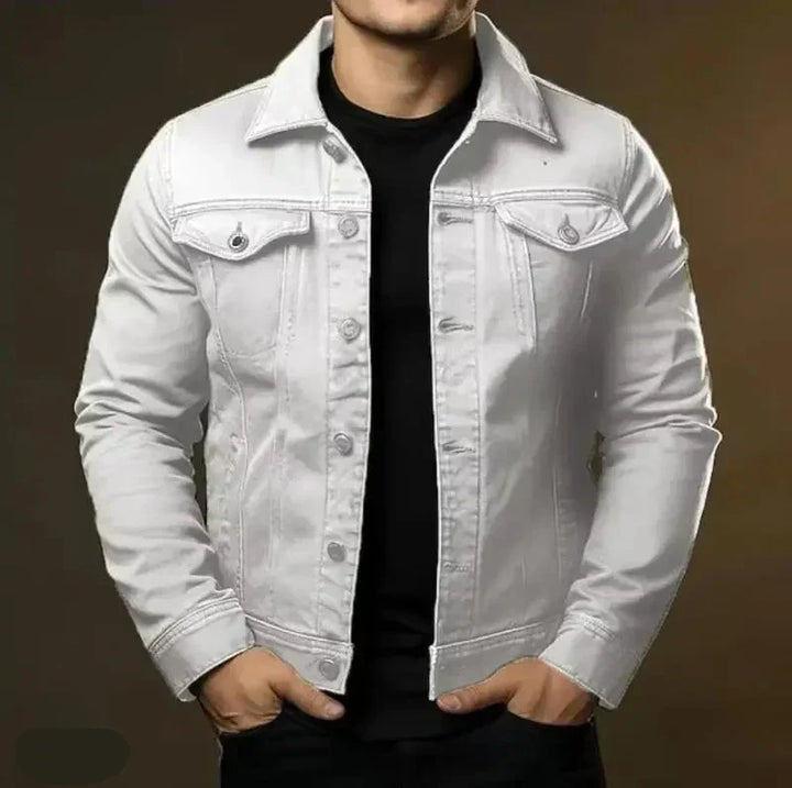 Back view of a men's classic denim jacket, showcasing its timeless design and versatile wearability.