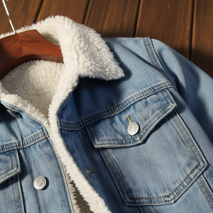 Warm men's denim jacket with fleece interior. Stylish outerwear for cold weather, a classic casual look.