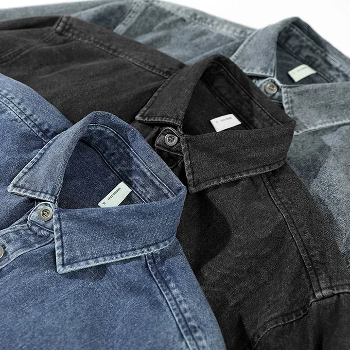 Men's long sleeve blue denim shirt, a classic button-up for effortless casual wear & versatile styling.