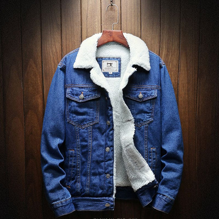 Stylish men's blue denim winter jacket, perfect for casual cold weather fashion. Versatile outerwear.