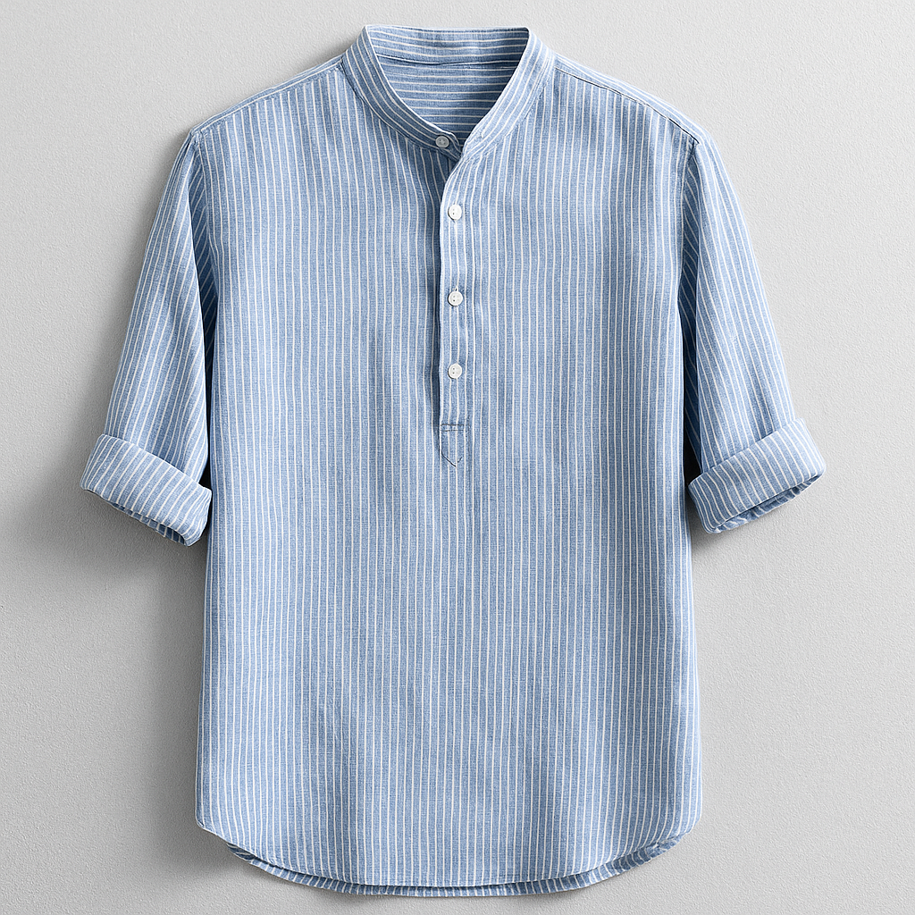 Men's classic blue long-sleeve Henley shirt, perfect for casual everyday wear & versatile men's fashion.