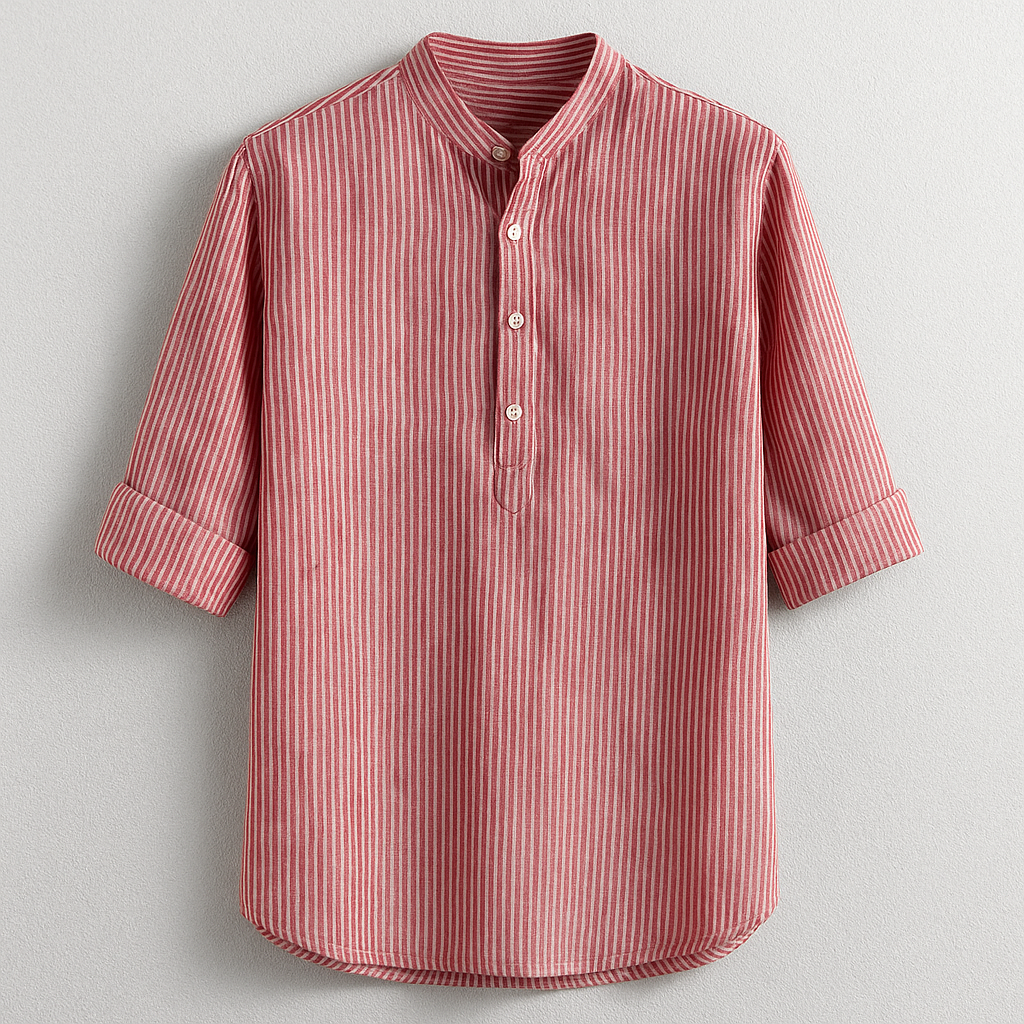 Stylish men's pink long-sleeve Henley shirt, offering comfortable everyday style & a classic casual look.