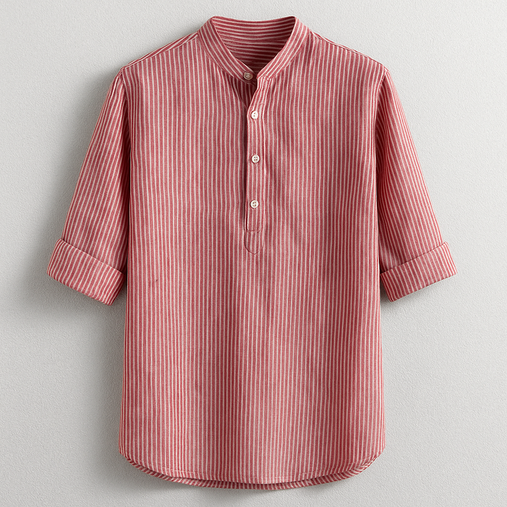 Stylish men's pink long-sleeve Henley shirt, offering comfortable everyday style & a classic casual look.