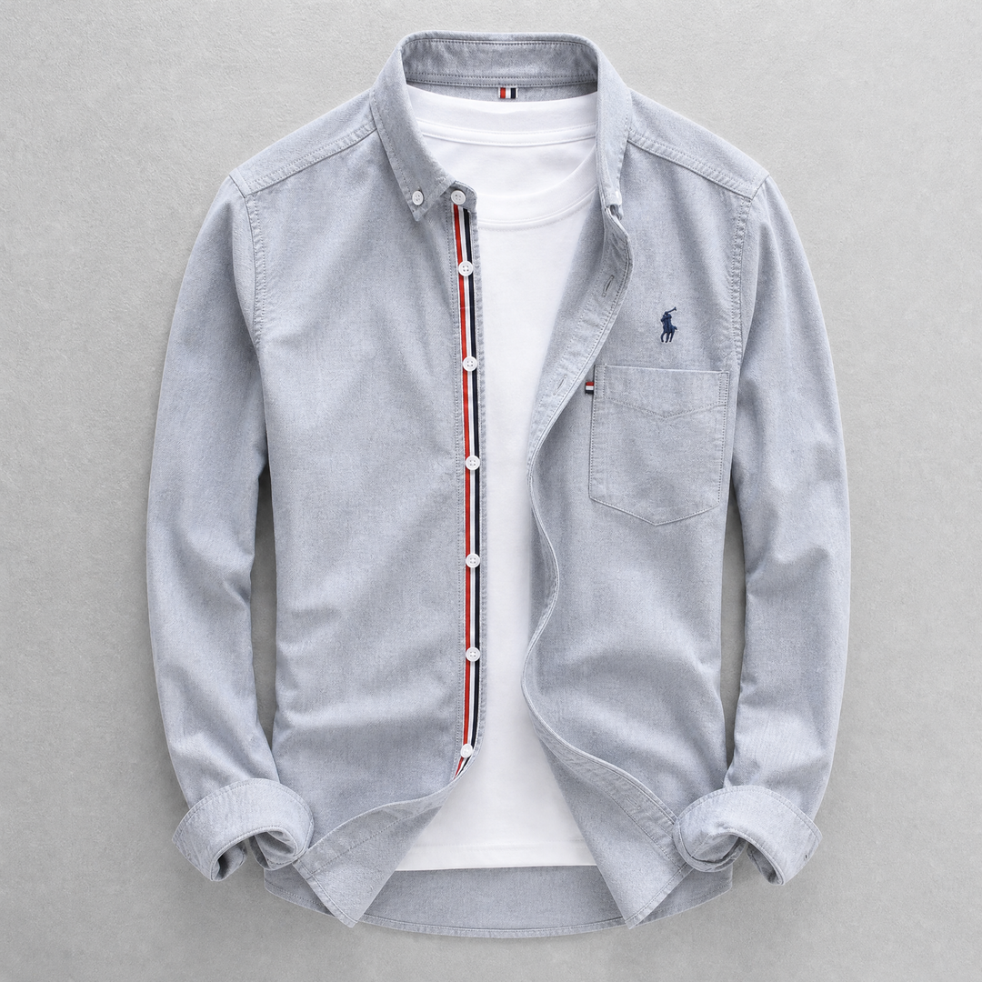 Crisp white men's Oxford shirt, tailored fit, long sleeve. Perfect button-down for business casual & formal everyday style.