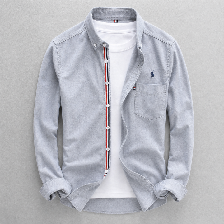 Crisp white men's Oxford shirt, tailored fit, long sleeve. Perfect button-down for business casual & formal everyday style.