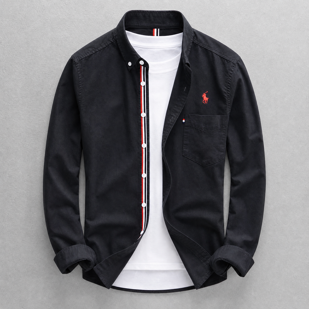 Black men's classic Oxford shirt, long sleeve button-down. Tailored fit for sophisticated casual & everyday wear.