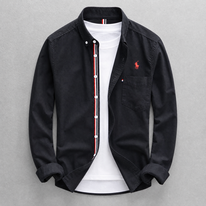 Black men's classic Oxford shirt, long sleeve button-down. Tailored fit for sophisticated casual & everyday wear.