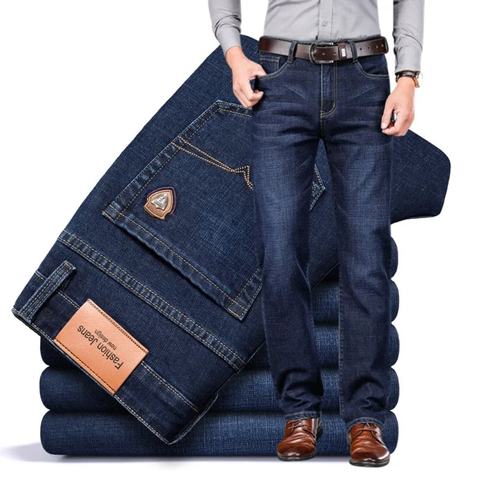 Men's classic blue stretch denim jeans, structured fit, comfortable & stylish for everyday wear.