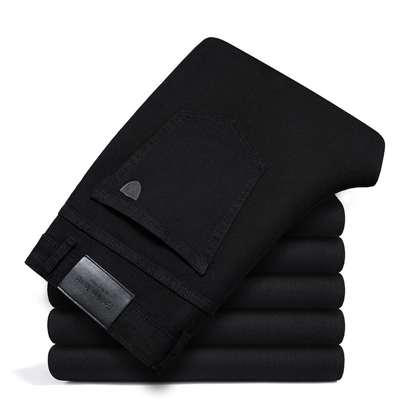 Folded stack of men's classic blue stretch denim jeans, ideal for comfortable, stylish everyday fashion.