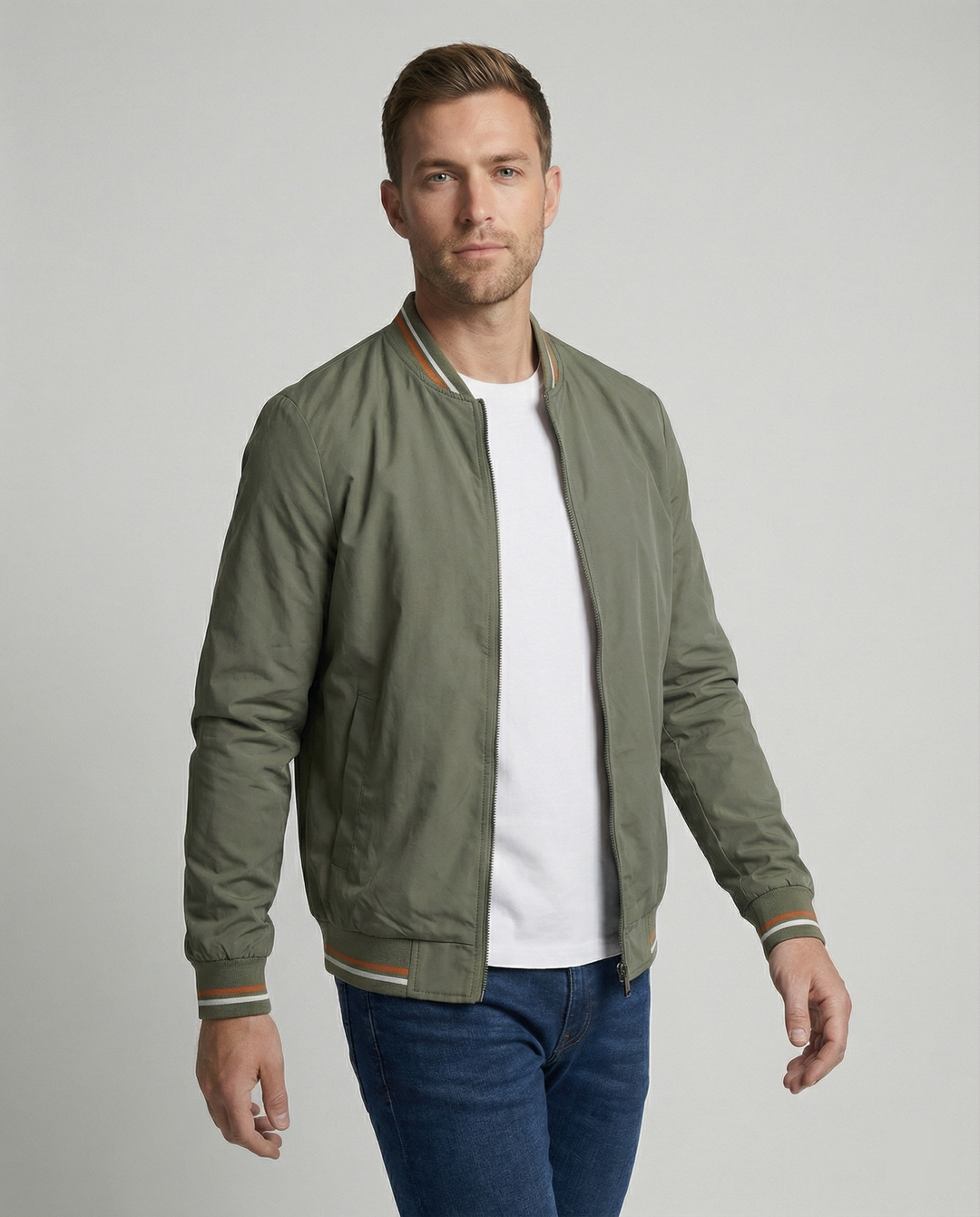 Men's classic bomber jacket with ribbed trim. Stylish & versatile outerwear for casual wear.