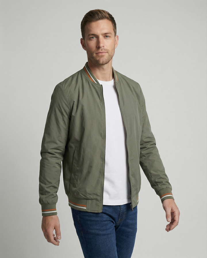 Men's classic bomber jacket with ribbed trim. Stylish & versatile outerwear for casual wear.